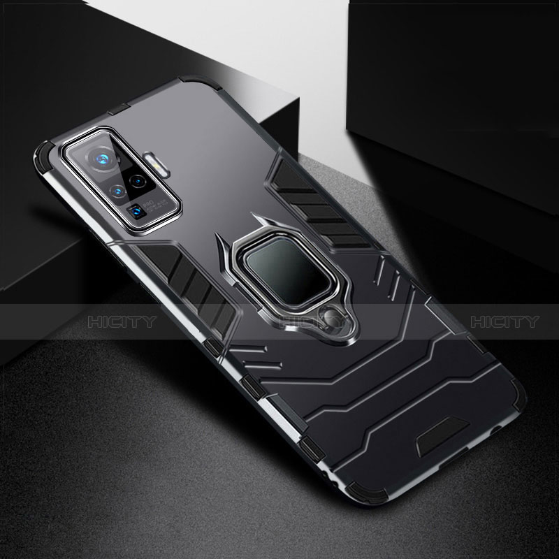 Coque Contour Silicone et Plastique Housse Etui Mat avec Magnetique Support Bague Anneau pour Vivo X50 Pro 5G Noir Plus