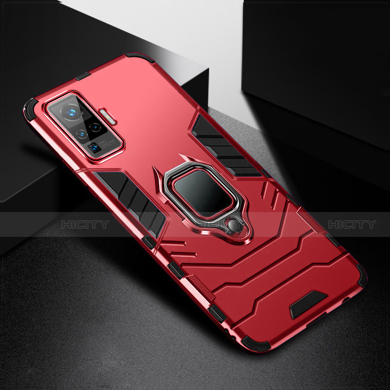 Coque Contour Silicone et Plastique Housse Etui Mat avec Magnetique Support Bague Anneau pour Vivo X50 Pro 5G Rouge Plus