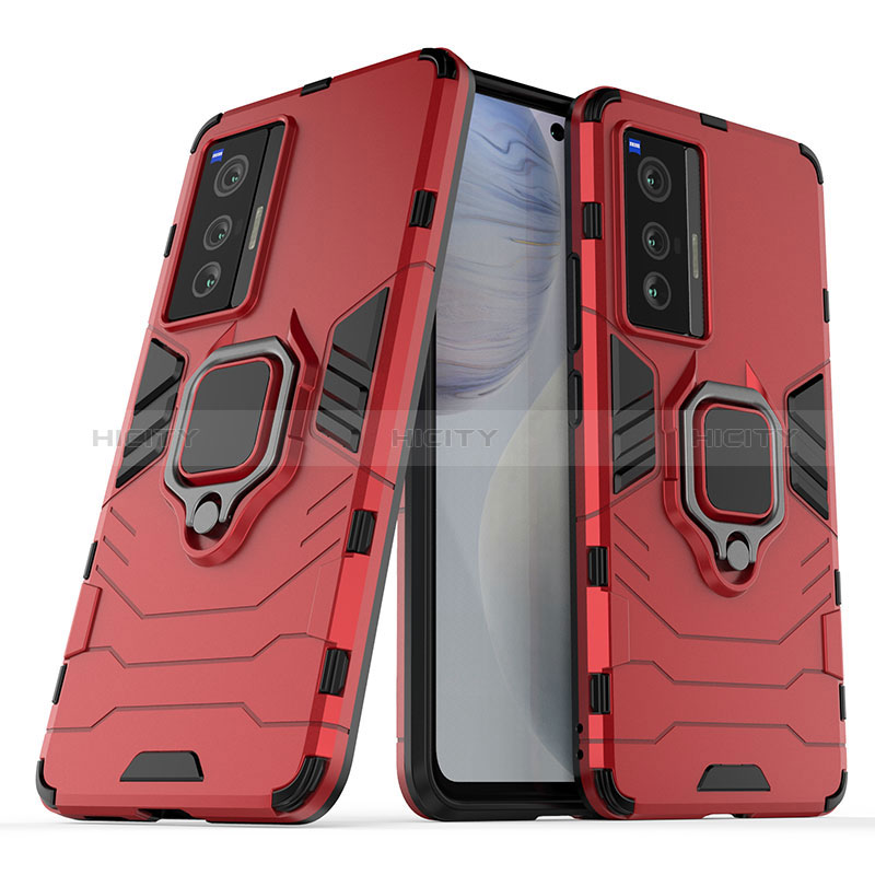 Coque Contour Silicone et Plastique Housse Etui Mat avec Magnetique Support Bague Anneau pour Vivo X70t Rouge Plus