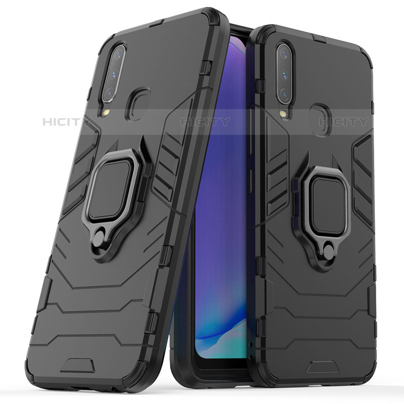 Coque Contour Silicone et Plastique Housse Etui Mat avec Magnetique Support Bague Anneau pour Vivo Y12 Noir Plus