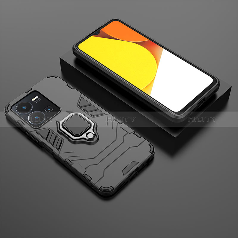 Coque Contour Silicone et Plastique Housse Etui Mat avec Magnetique Support Bague Anneau pour Vivo Y35 4G Noir Plus