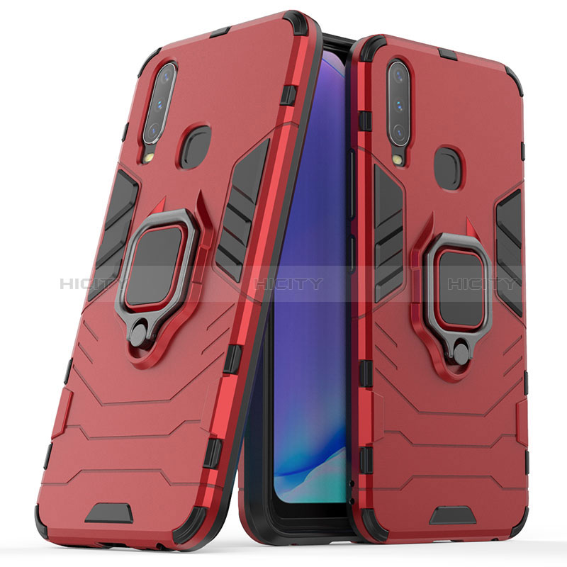 Coque Contour Silicone et Plastique Housse Etui Mat avec Magnetique Support Bague Anneau pour Vivo Y3s Rouge Plus