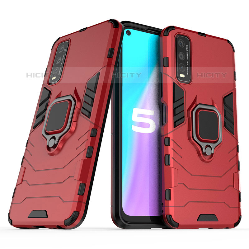 Coque Contour Silicone et Plastique Housse Etui Mat avec Magnetique Support Bague Anneau pour Vivo Y70S 5G Rouge Plus