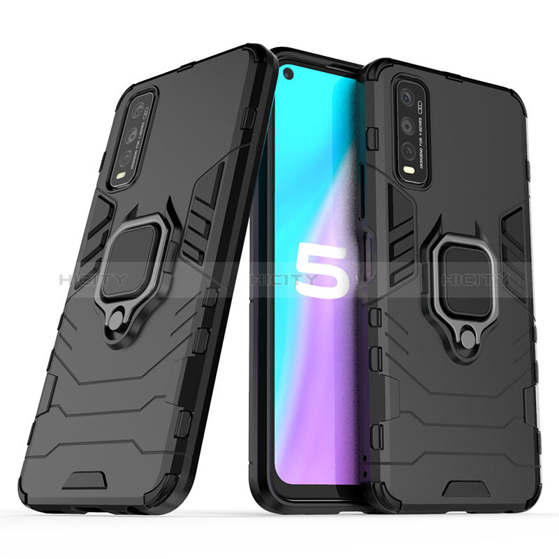 Coque Contour Silicone et Plastique Housse Etui Mat avec Magnetique Support Bague Anneau pour Vivo Y70t 5G Noir Plus