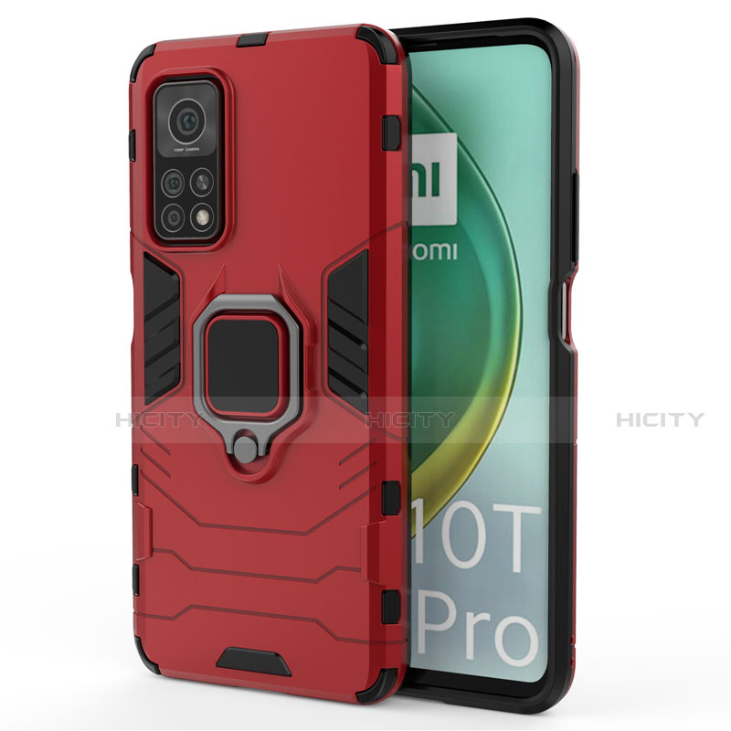 Coque Contour Silicone et Plastique Housse Etui Mat avec Magnetique Support Bague Anneau pour Xiaomi Mi 10T 5G Rouge Plus