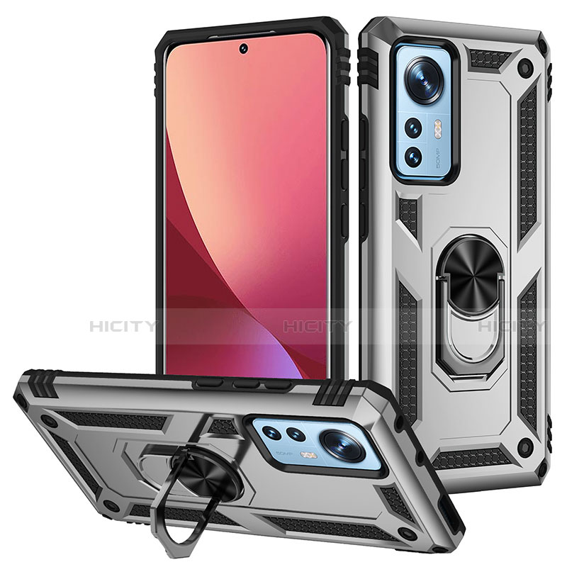 Coque Contour Silicone et Plastique Housse Etui Mat avec Magnetique Support Bague Anneau pour Xiaomi Mi 12 5G Argent Plus