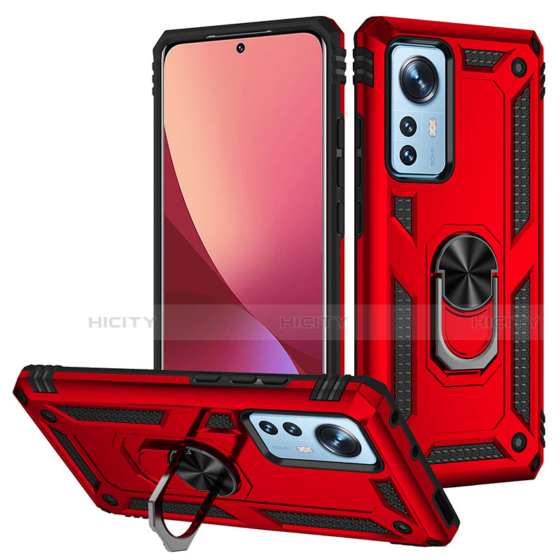 Coque Contour Silicone et Plastique Housse Etui Mat avec Magnetique Support Bague Anneau pour Xiaomi Mi 12 5G Rouge Plus