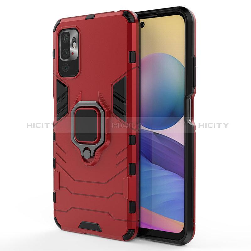 Coque Contour Silicone et Plastique Housse Etui Mat avec Magnetique Support Bague Anneau pour Xiaomi POCO M3 Pro 5G Rouge Plus