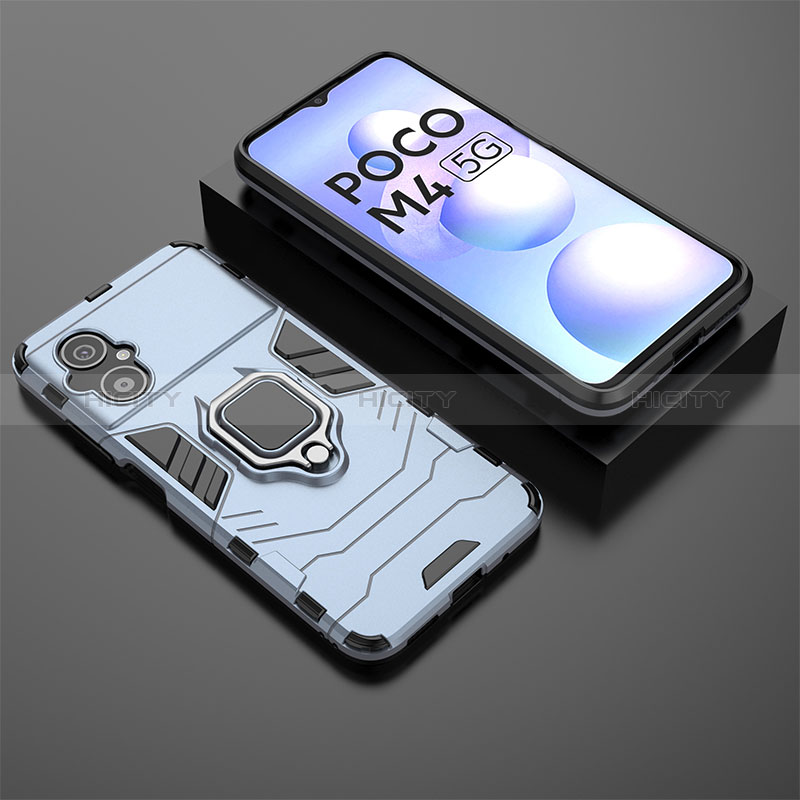 Coque Contour Silicone et Plastique Housse Etui Mat avec Magnetique Support Bague Anneau pour Xiaomi Poco M4 5G Bleu Plus