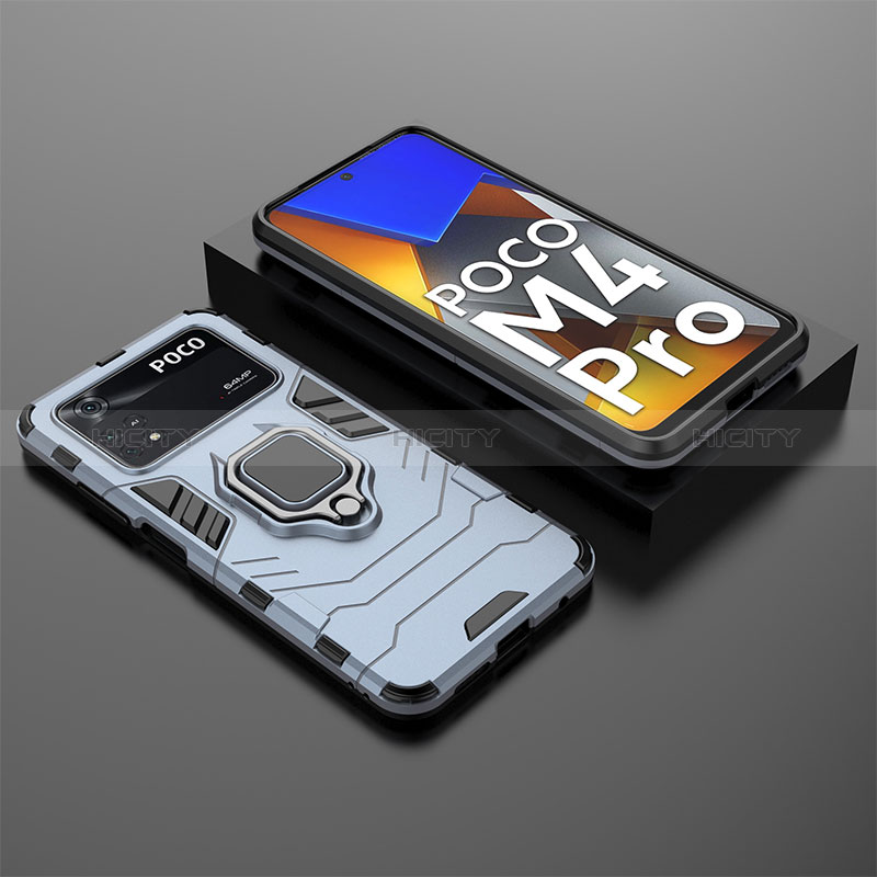 Coque Contour Silicone et Plastique Housse Etui Mat avec Magnetique Support Bague Anneau pour Xiaomi Poco M4 Pro 4G Bleu Plus