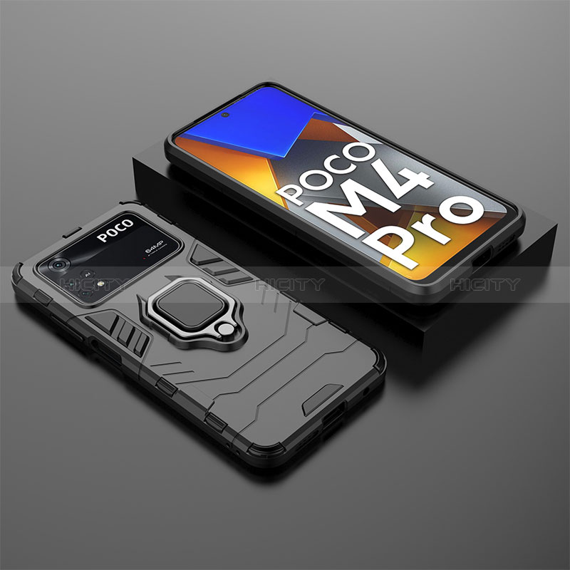 Coque Contour Silicone et Plastique Housse Etui Mat avec Magnetique Support Bague Anneau pour Xiaomi Poco M4 Pro 4G Noir Plus