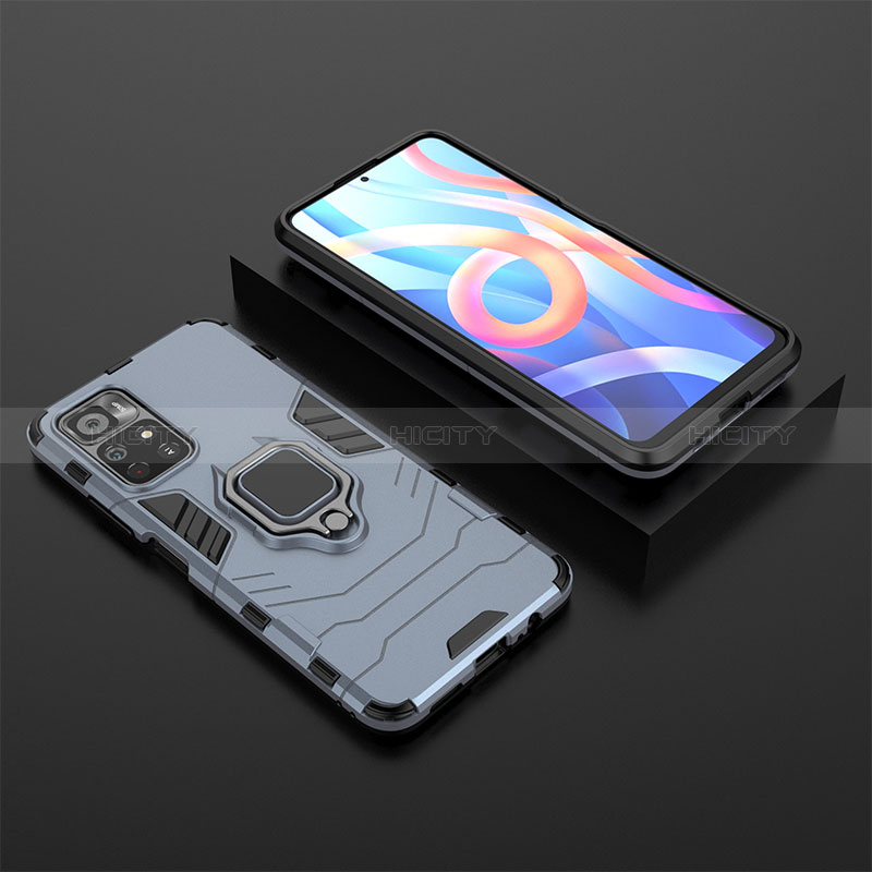 Coque Contour Silicone et Plastique Housse Etui Mat avec Magnetique Support Bague Anneau pour Xiaomi Poco M4 Pro 5G Bleu Plus