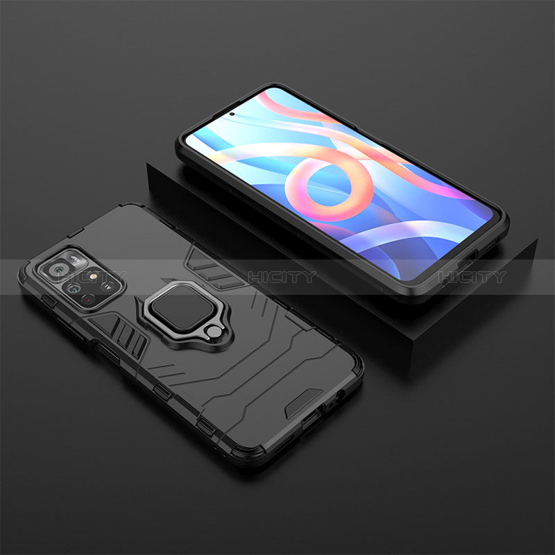 Coque Contour Silicone et Plastique Housse Etui Mat avec Magnetique Support Bague Anneau pour Xiaomi Poco M4 Pro 5G Noir Plus