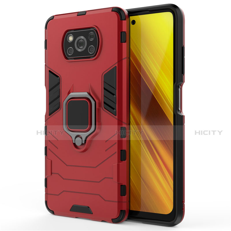 Coque Contour Silicone et Plastique Housse Etui Mat avec Magnetique Support Bague Anneau pour Xiaomi Poco X3 NFC Rouge Plus