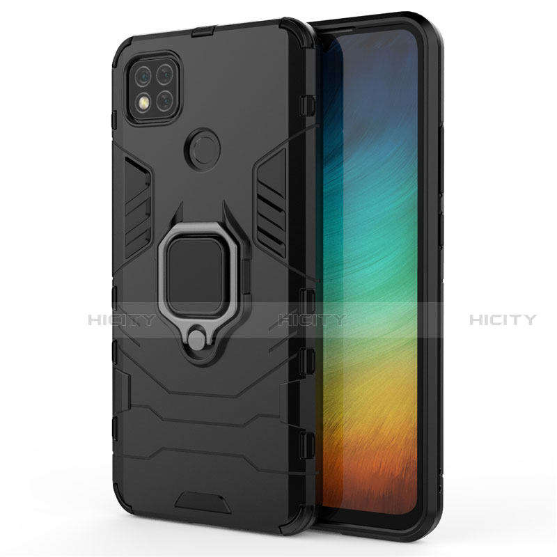 Coque Contour Silicone et Plastique Housse Etui Mat avec Magnetique Support Bague Anneau pour Xiaomi Redmi 9C NFC Noir Plus