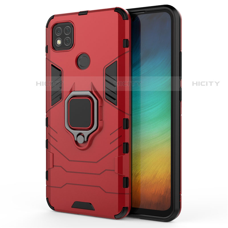 Coque Contour Silicone et Plastique Housse Etui Mat avec Magnetique Support Bague Anneau pour Xiaomi Redmi 9C Rouge Plus