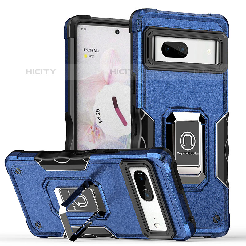 Coque Contour Silicone et Plastique Housse Etui Mat avec Magnetique Support Bague Anneau QW1 pour Google Pixel 7 5G Bleu Plus