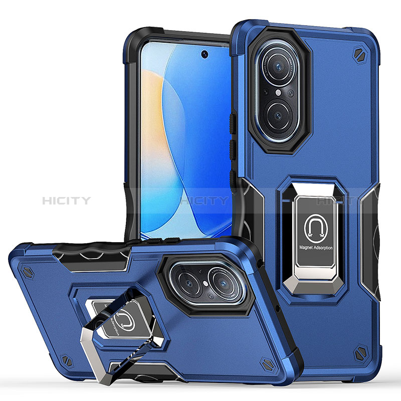 Coque Contour Silicone et Plastique Housse Etui Mat avec Magnetique Support Bague Anneau QW1 pour Huawei Nova 9 Bleu Plus