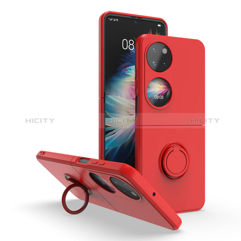 Coque Contour Silicone et Plastique Housse Etui Mat avec Magnetique Support Bague Anneau QW1 pour Huawei P60 Pocket Rouge Plus