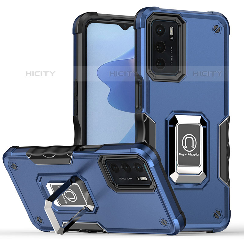 Coque Contour Silicone et Plastique Housse Etui Mat avec Magnetique Support Bague Anneau QW1 pour Oppo A16s Bleu Plus