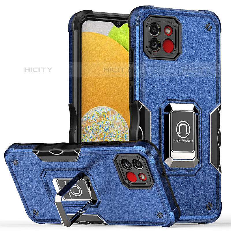 Coque Contour Silicone et Plastique Housse Etui Mat avec Magnetique Support Bague Anneau QW1 pour Samsung Galaxy A03 Bleu Plus