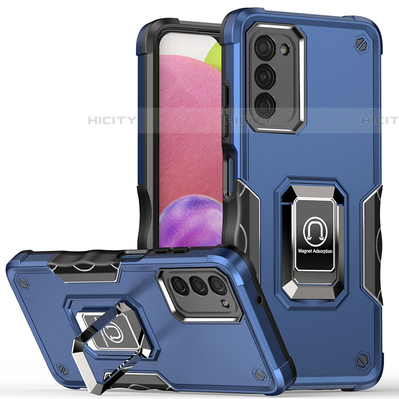 Coque Contour Silicone et Plastique Housse Etui Mat avec Magnetique Support Bague Anneau QW1 pour Samsung Galaxy A03s Bleu Plus