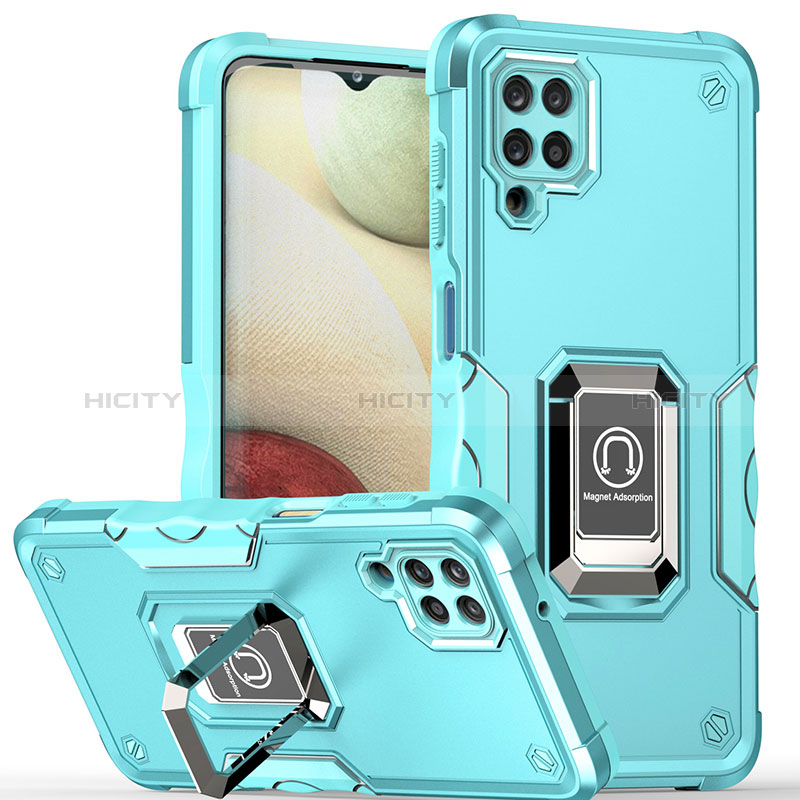 Coque Contour Silicone et Plastique Housse Etui Mat avec Magnetique Support Bague Anneau QW1 pour Samsung Galaxy A12 Nacho Bleu Clair Plus