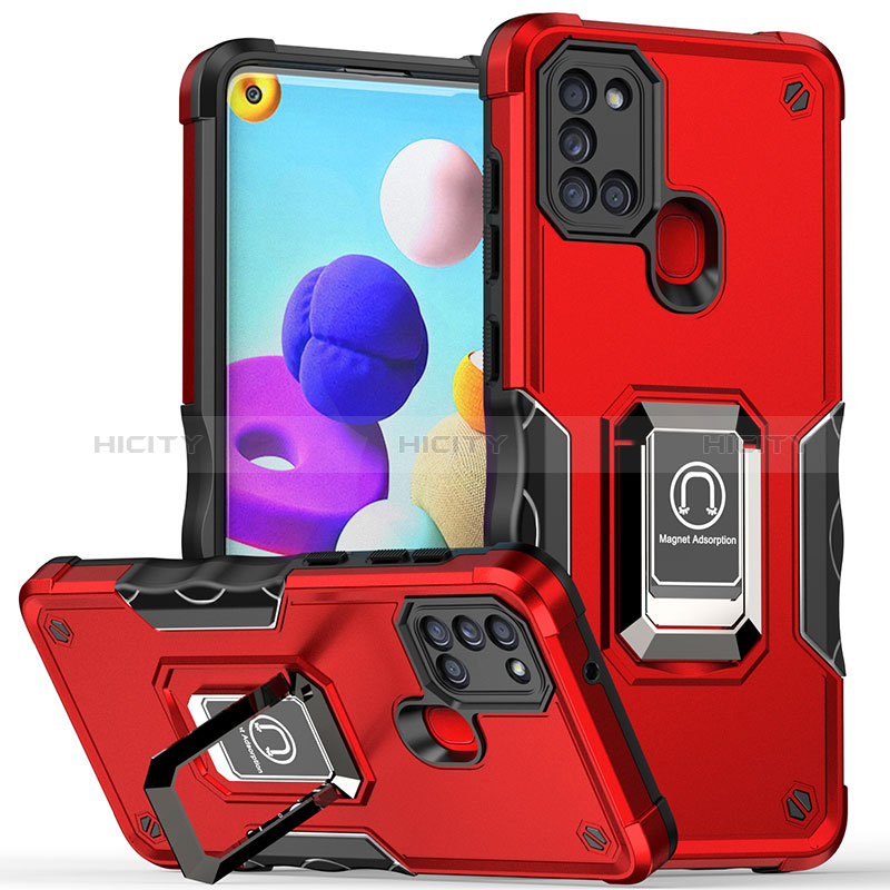 Coque Contour Silicone et Plastique Housse Etui Mat avec Magnetique Support Bague Anneau QW1 pour Samsung Galaxy A21s Rouge Plus