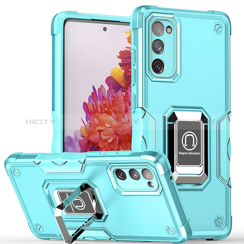 Coque Contour Silicone et Plastique Housse Etui Mat avec Magnetique Support Bague Anneau QW1 pour Samsung Galaxy S20 FE (2022) 5G Bleu Clair Plus