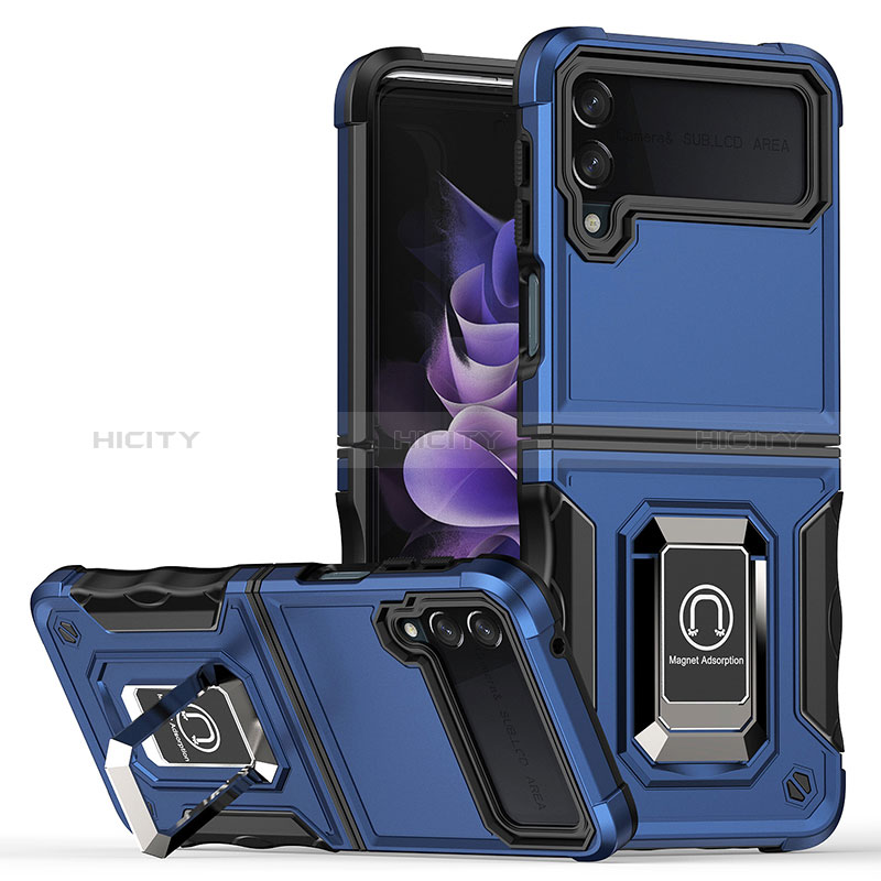 Coque Contour Silicone et Plastique Housse Etui Mat avec Magnetique Support Bague Anneau QW1 pour Samsung Galaxy Z Flip3 5G Bleu Plus