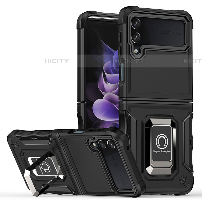 Coque Contour Silicone et Plastique Housse Etui Mat avec Magnetique Support Bague Anneau QW1 pour Samsung Galaxy Z Flip4 5G Noir Plus