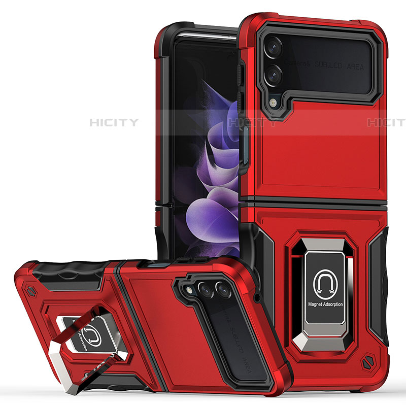 Coque Contour Silicone et Plastique Housse Etui Mat avec Magnetique Support Bague Anneau QW1 pour Samsung Galaxy Z Flip4 5G Rouge Plus