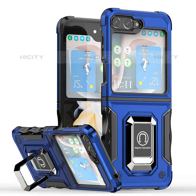 Coque Contour Silicone et Plastique Housse Etui Mat avec Magnetique Support Bague Anneau QW1 pour Samsung Galaxy Z Flip5 5G Bleu Plus