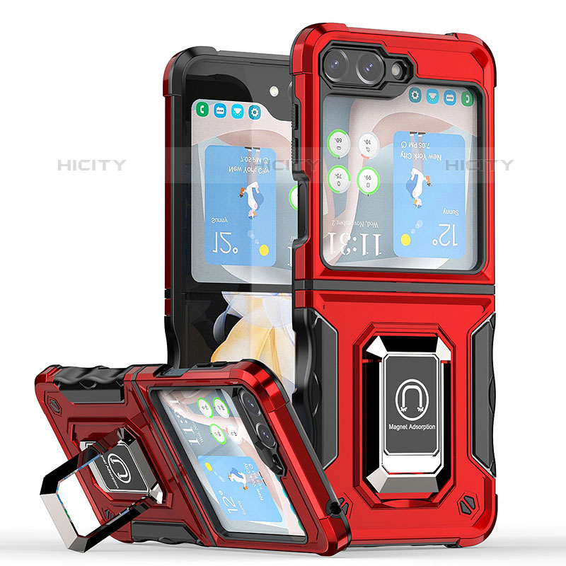 Coque Contour Silicone et Plastique Housse Etui Mat avec Magnetique Support Bague Anneau QW1 pour Samsung Galaxy Z Flip5 5G Rouge Plus