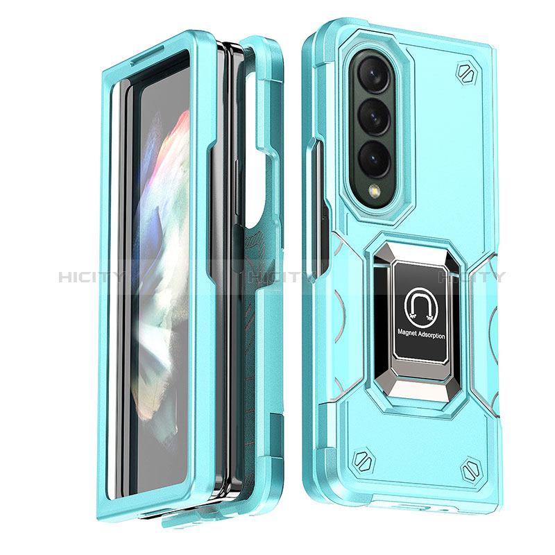 Coque Contour Silicone et Plastique Housse Etui Mat avec Magnetique Support Bague Anneau QW1 pour Samsung Galaxy Z Fold3 5G Bleu Clair Plus