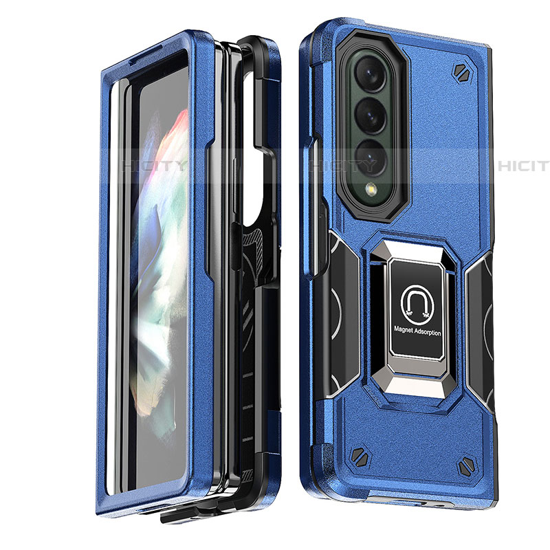 Coque Contour Silicone et Plastique Housse Etui Mat avec Magnetique Support Bague Anneau QW1 pour Samsung Galaxy Z Fold4 5G Bleu Plus