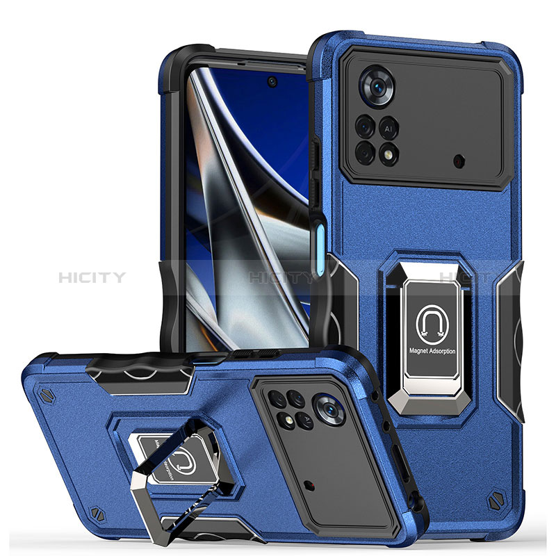 Coque Contour Silicone et Plastique Housse Etui Mat avec Magnetique Support Bague Anneau QW1 pour Xiaomi Poco M4 Pro 4G Bleu Plus