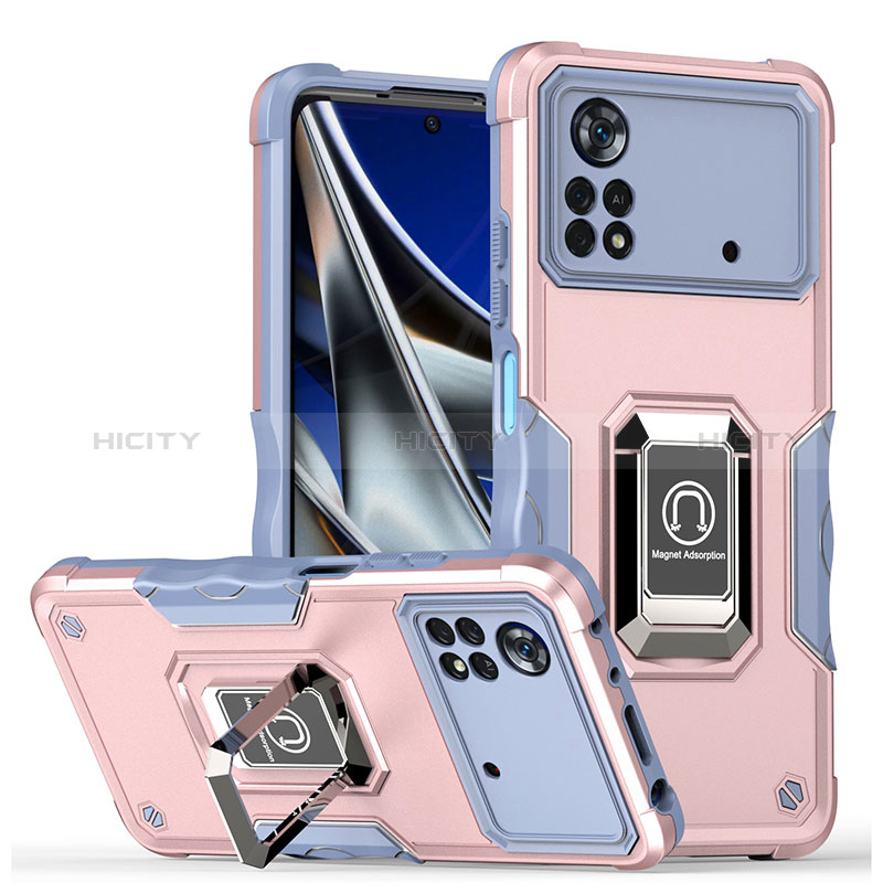 Coque Contour Silicone et Plastique Housse Etui Mat avec Magnetique Support Bague Anneau QW1 pour Xiaomi Poco M4 Pro 4G Rose Plus