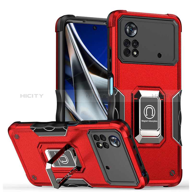 Coque Contour Silicone et Plastique Housse Etui Mat avec Magnetique Support Bague Anneau QW1 pour Xiaomi Poco M4 Pro 4G Rouge Plus