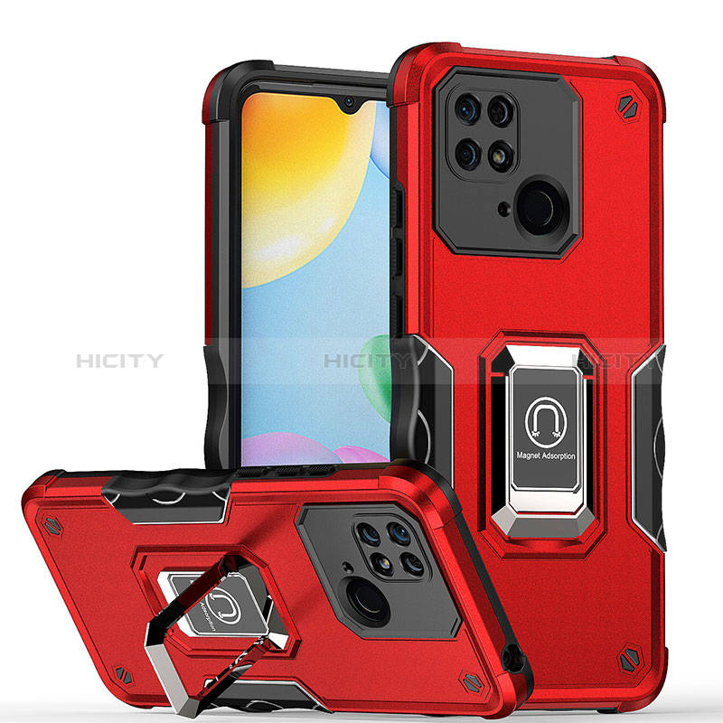 Coque Contour Silicone et Plastique Housse Etui Mat avec Magnetique Support Bague Anneau QW1 pour Xiaomi Redmi 10 India Rouge Plus