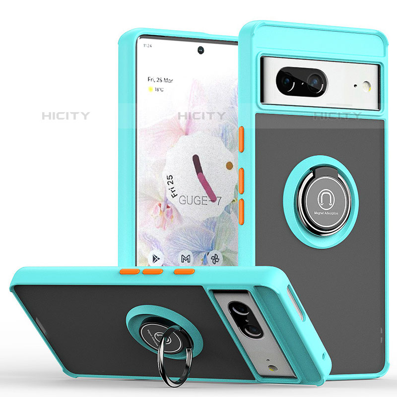 Coque Contour Silicone et Plastique Housse Etui Mat avec Magnetique Support Bague Anneau QW2 pour Google Pixel 7 5G Cyan Plus