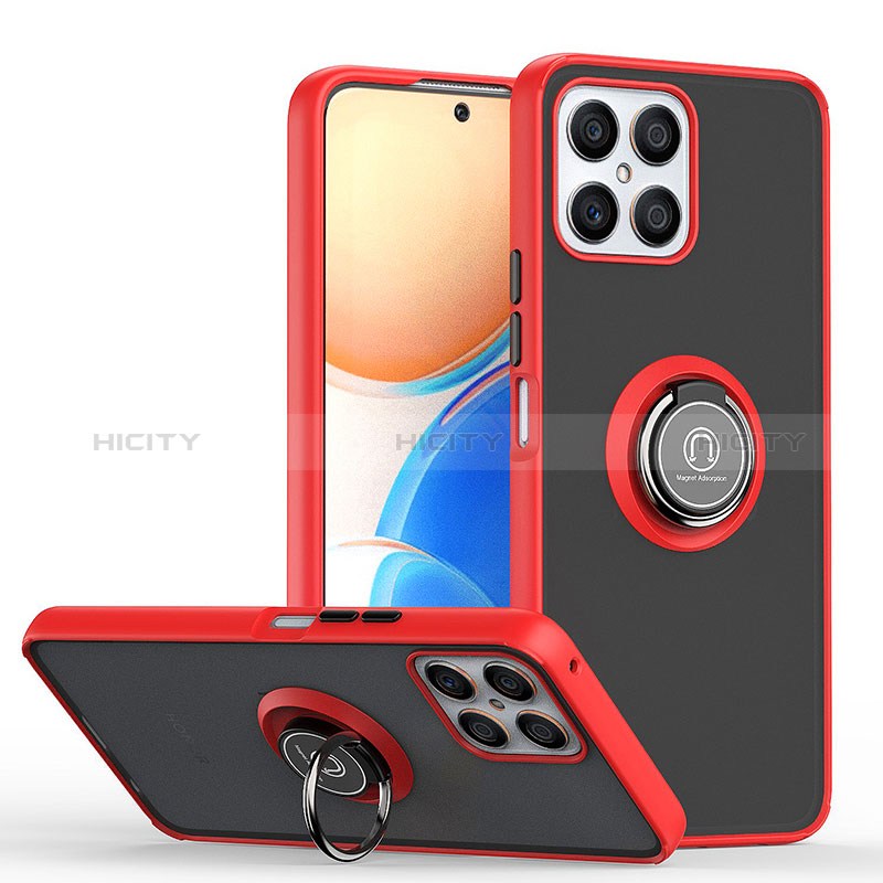 Coque Contour Silicone et Plastique Housse Etui Mat avec Magnetique Support Bague Anneau QW2 pour Huawei Honor X8 4G Rouge Plus