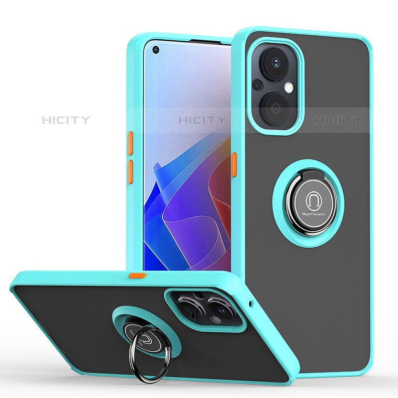 Coque Contour Silicone et Plastique Housse Etui Mat avec Magnetique Support Bague Anneau QW2 pour Oppo F21 Pro 5G Cyan Plus