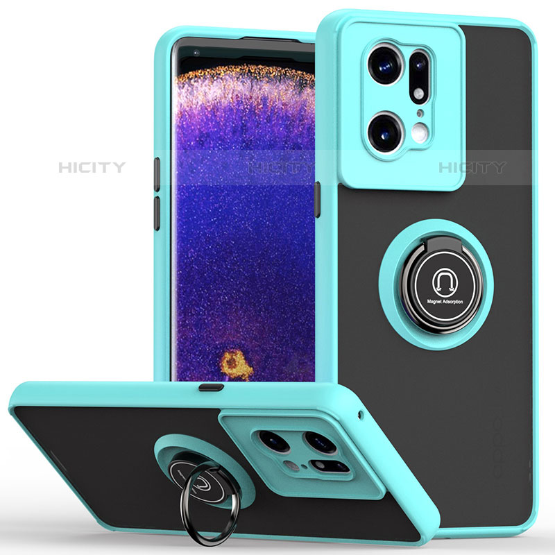 Coque Contour Silicone et Plastique Housse Etui Mat avec Magnetique Support Bague Anneau QW2 pour Oppo Find X5 Pro 5G Cyan Plus