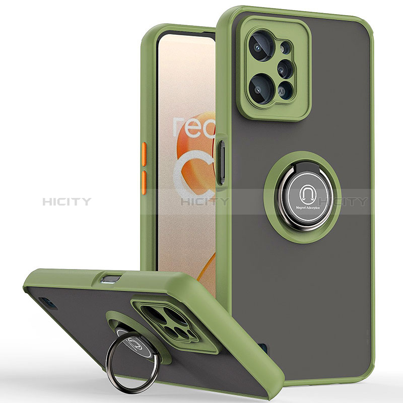 Coque Contour Silicone et Plastique Housse Etui Mat avec Magnetique Support Bague Anneau QW2 pour Realme C31 Vert Armee Plus