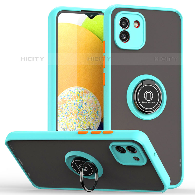 Coque Contour Silicone et Plastique Housse Etui Mat avec Magnetique Support Bague Anneau QW2 pour Samsung Galaxy A03 Cyan Plus