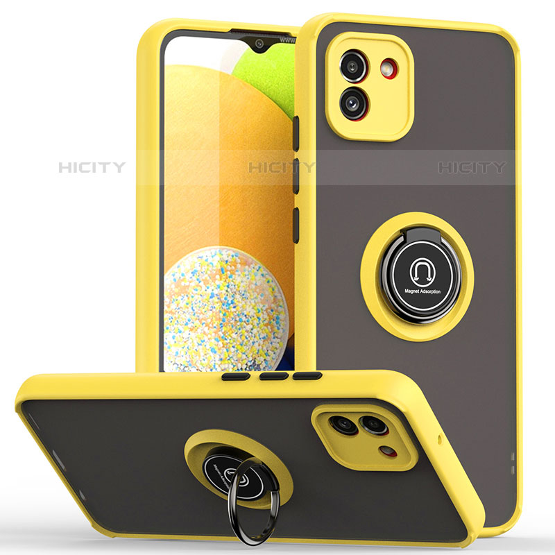 Coque Contour Silicone et Plastique Housse Etui Mat avec Magnetique Support Bague Anneau QW2 pour Samsung Galaxy A03 Jaune Plus