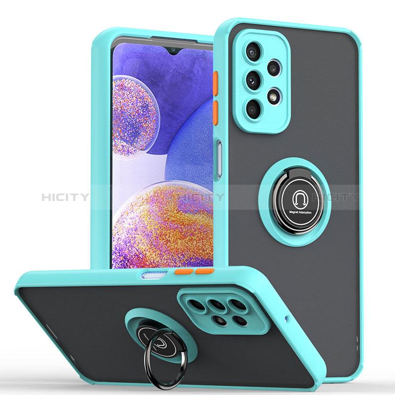 Coque Contour Silicone et Plastique Housse Etui Mat avec Magnetique Support Bague Anneau QW2 pour Samsung Galaxy A23 5G Cyan Plus