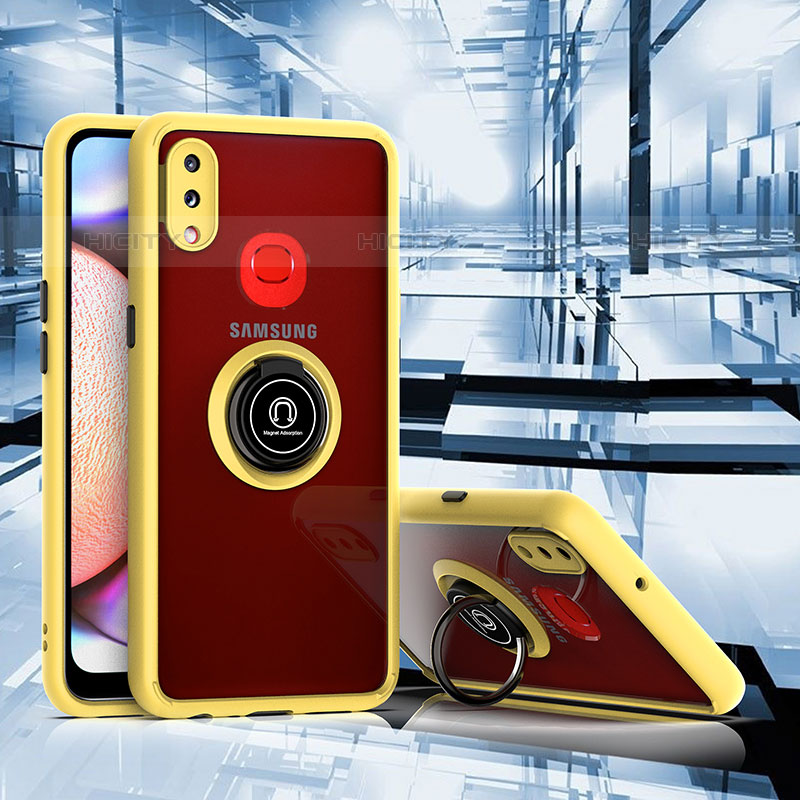 Coque Contour Silicone et Plastique Housse Etui Mat avec Magnetique Support Bague Anneau QW2 pour Samsung Galaxy M01s Jaune Plus