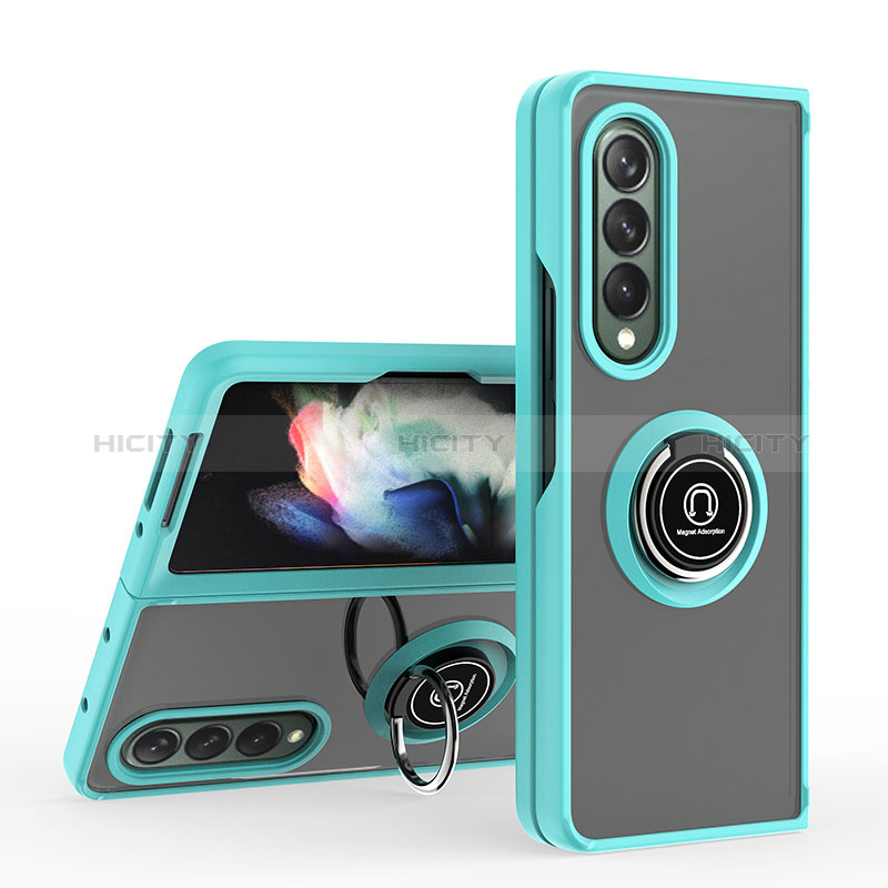 Coque Contour Silicone et Plastique Housse Etui Mat avec Magnetique Support Bague Anneau QW2 pour Samsung Galaxy Z Fold3 5G Cyan Plus